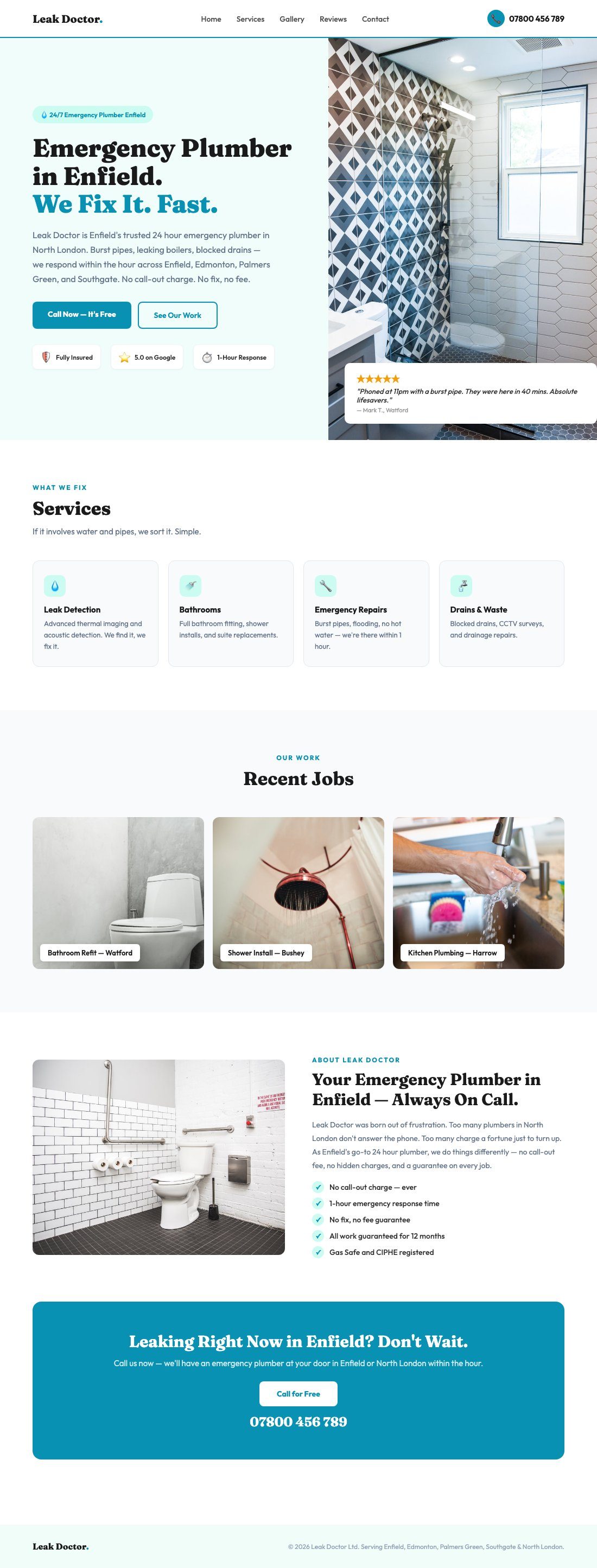 Leak Doctor emergency plumber website designed by Slick Digital